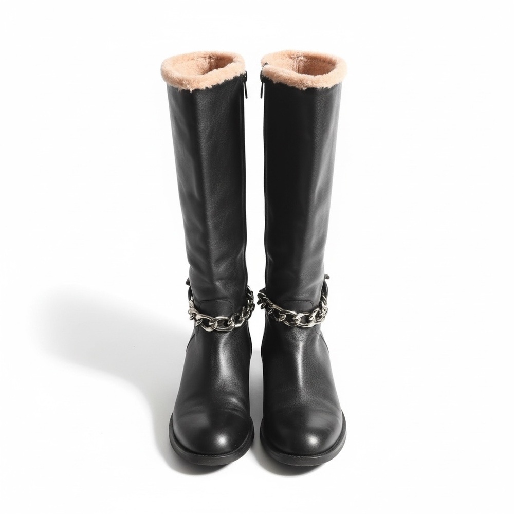 Marino Fabian made in italy black leather knee high boots pink fur trim - Picture 1 of 9